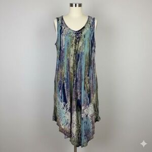 India Boutique Sleeveless Rayon Midi Dress Free Size Blue Green Tie Dye Hippie